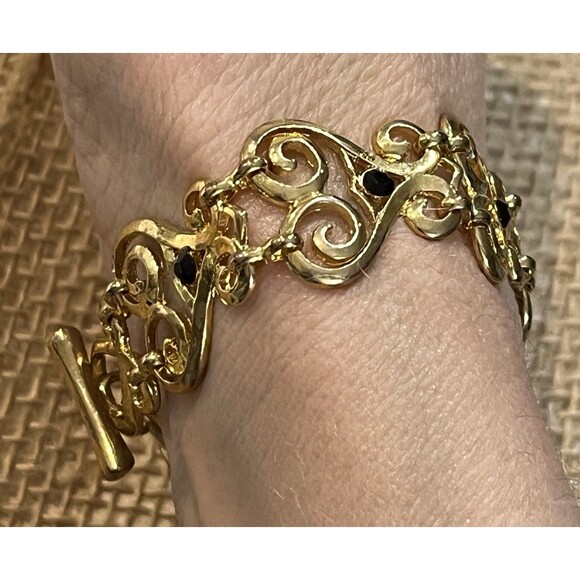 Art Deco Style Gold Tone Black Glass Bracelet Hinged - Picture 2 of 5